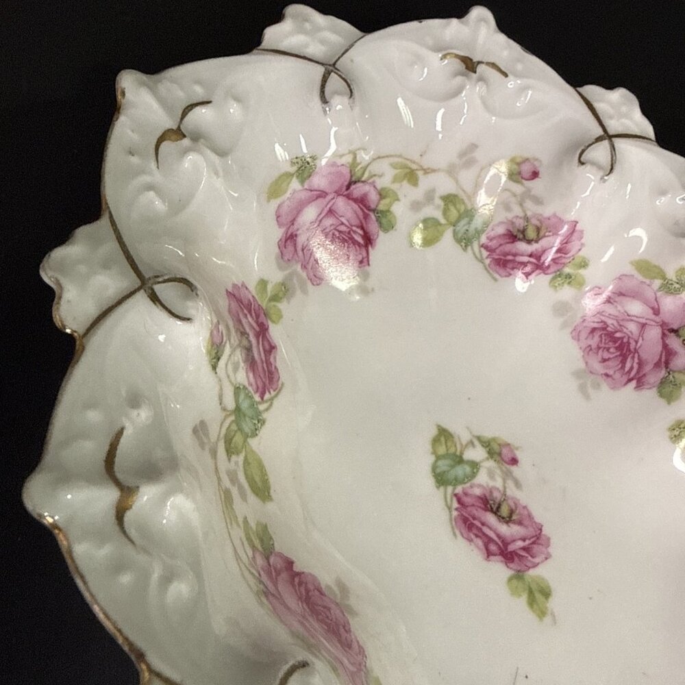 Antique MZ Austria Plate Decorative Oval Ruffle Edge Roses Gold Back Mark - Picture 16 of 16